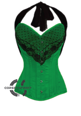 Green Satin Black Net Halter Neck Gothic Burlesque Bustier Waist Training LONG Overbust Corset Costume